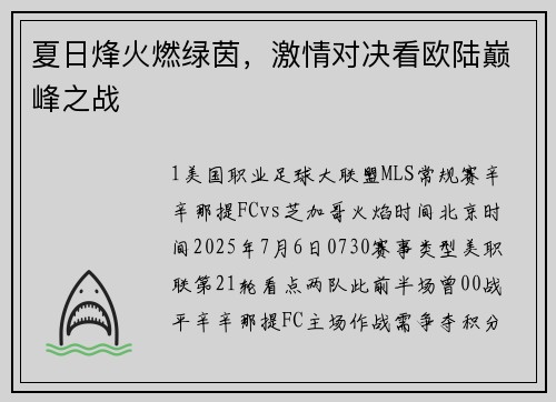夏日烽火燃绿茵，激情对决看欧陆巅峰之战